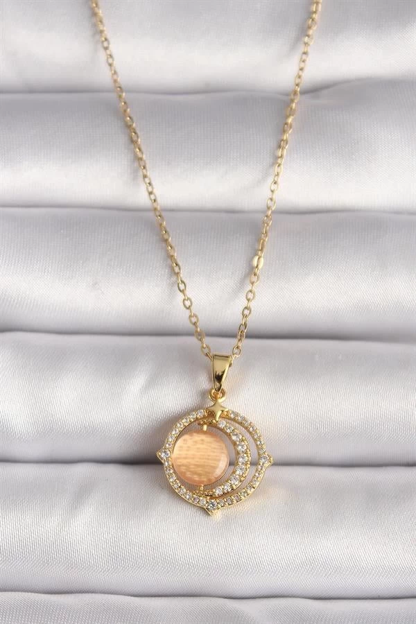 316l Çelik Gold Renk Zirkon Taşlı Turuncu Sedefli Hilal Model Kadın Kolye