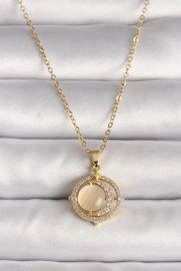 316l Çelik Gold Renk Zirkon Taşlı Sarı Sedefli Hilal Model Kadın Kolye