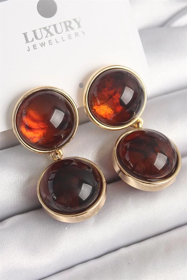 Pirinç Gold Renk Sallantı Kaplan Gözü Model Kadın Küpe