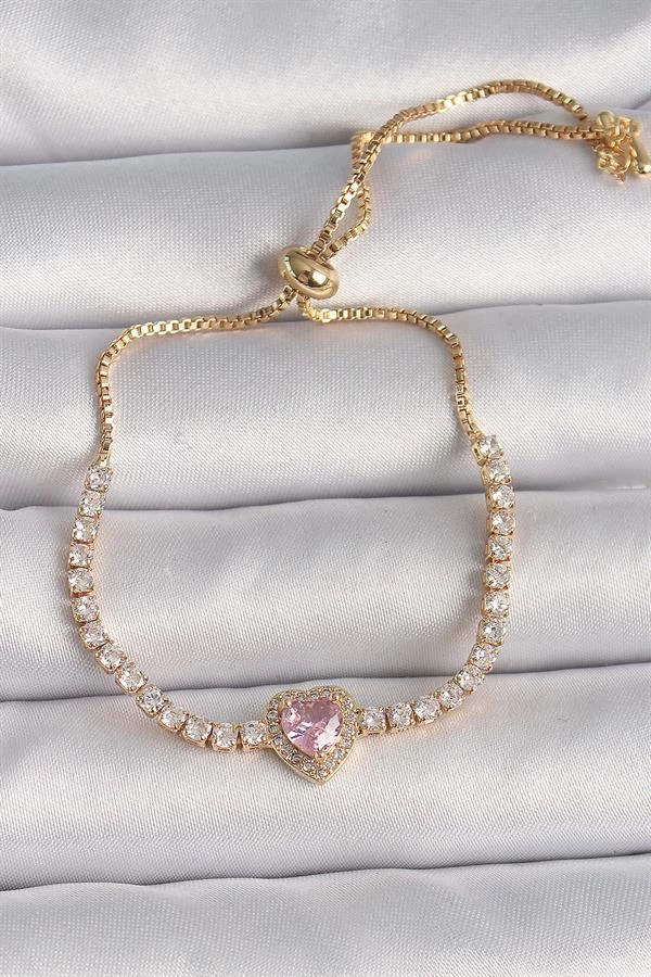 Pirinç Gold Renk Su Yolu Zirkon Taşlı Pembe Zirkon Taşlı Kalp Asansör Model Charm Kadın Bileklik