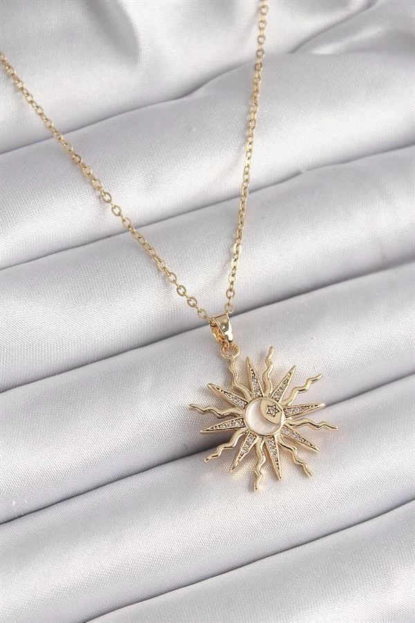 316l Çelik Gold Renk Zincir Renkli Zirkon Taşlı Sedefli Ay İşleme Detay Kadın Kolye