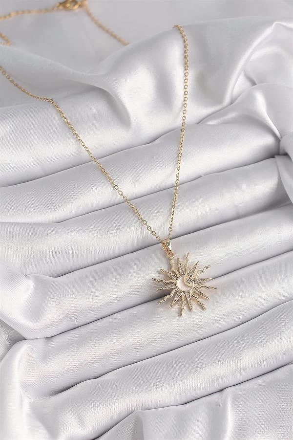 316l Çelik Gold Renk Zincir Renkli Zirkon Taşlı Sedefli Ay İşleme Detay Kadın Kolye