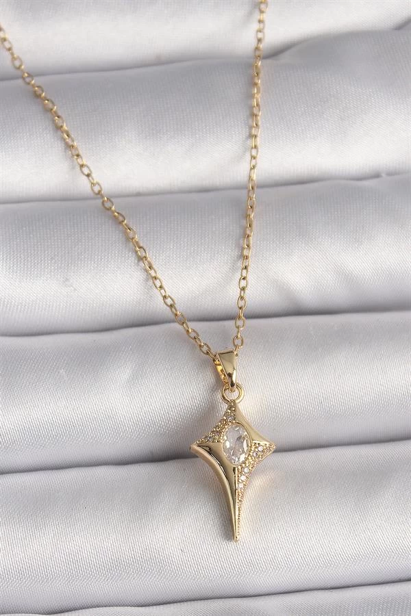 316l Çelik Gold Renk Zincir Zirkon Taşlı Kuzey Yıldızı Model Kadın Kolye