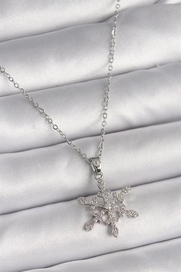 316l Çelik Gümüş Renk Zincir Zirkon Taşlı Kar Tanesi Model Kadın Kolye