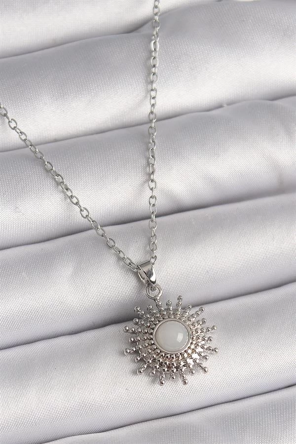 316l Çelik Gümüş Renk Zincir Beyaz Mineli Güneş Model Kadın Kolye