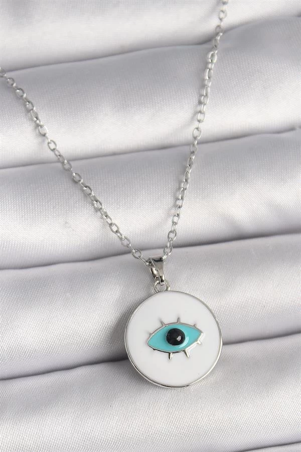 316l Çelik Gümüş Renk Zincir Beyaz Mineli Turkuaz Göz İşleme Model Kadın Kolye