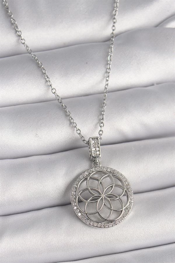 316l Çelik Gümüş Renk Zincir Zirkon Taşlı Lotus Model Kadın Kolye