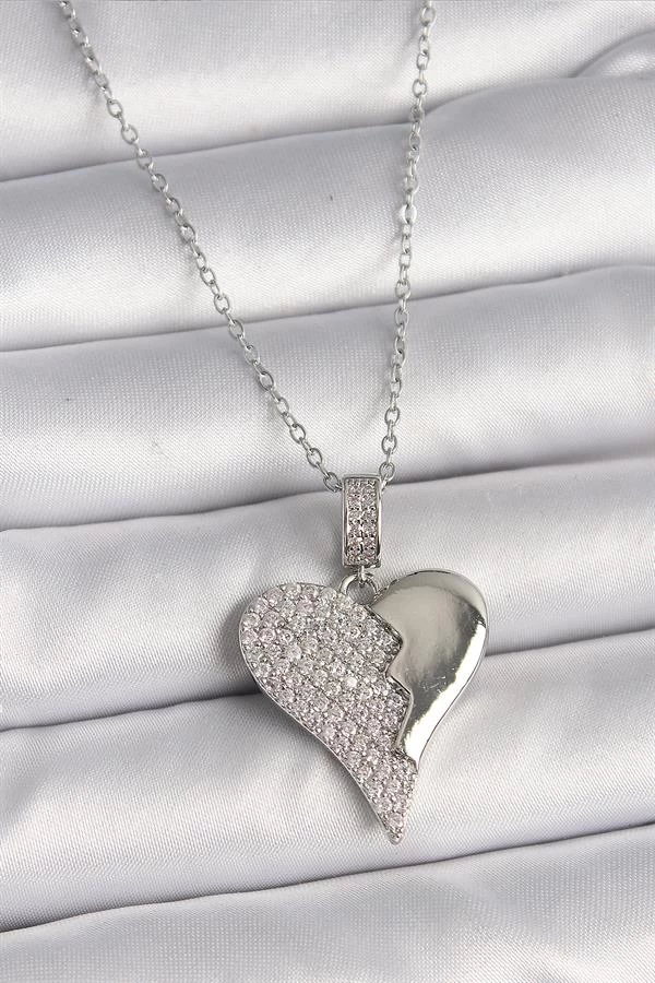 316l Çelik Gümüş Renk Zincir Zirkon Taşlı Kırık Kalp Model Kadın Kolye