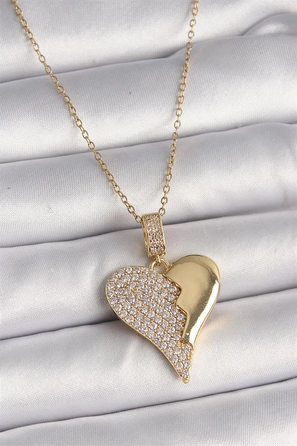 316l Çelik Gold Renk Zincir Zirkon Taşlı Kırık Kalp Model Kadın Kolye