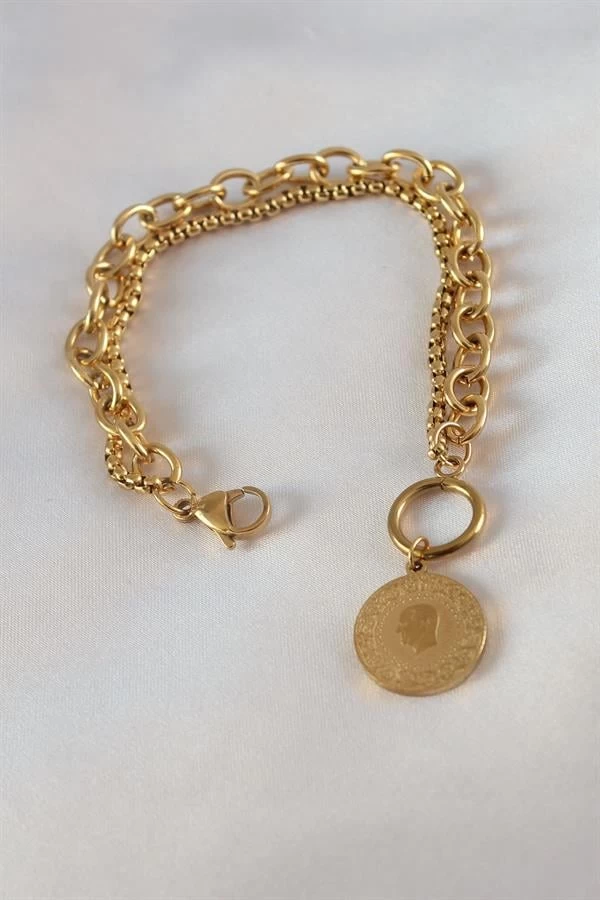 316l Çelik Gold Renk 2'li Zincir Model Çeyrek Altınlı Kadın Bileklik