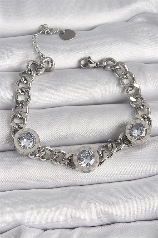 316l Çelik Gümüş Renk Zincir Model Zirkon Taşlı İşleme Detaylı Kadın Bileklik