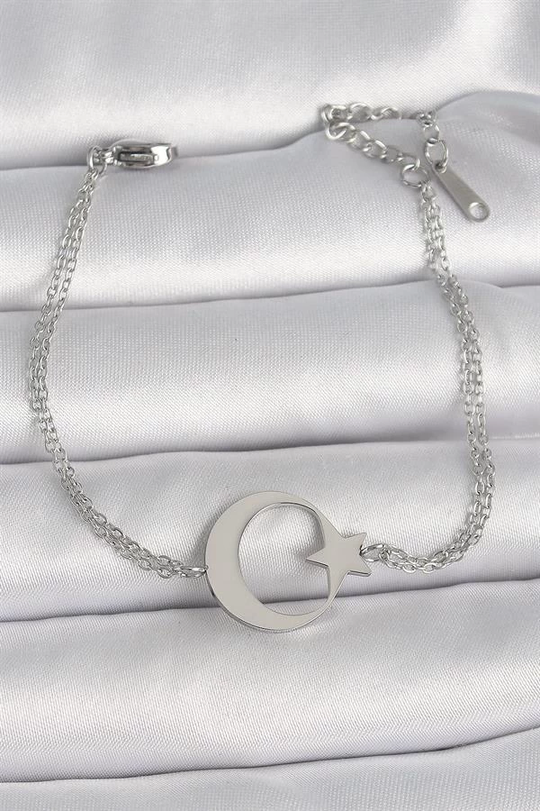 316l Çelik Gümüş Renk Ay Yıldız Model Kadın Bileklik