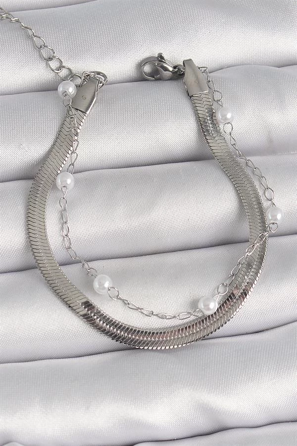 316l Çelik Gümüş Renk 2'li İtalyan Zincir İnci Detay Kadın Bileklik