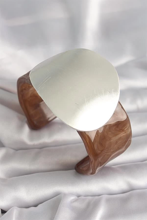 Kahverengi Mermer Desen Akrilik Plastik Gümüş Plaka Model Vintage Kadın Bilezik