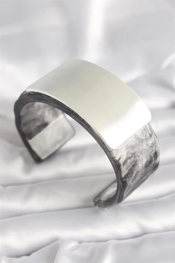 Siyah Mermer Desen Akrilik Plastik Dikdörtgen Plaka Model Vintage Kadın Bilezik