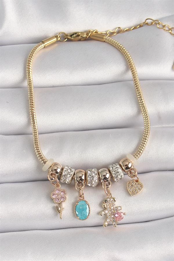 316l Çelik Gold Renk Zincir Sallantı Zirkon Taşlı Ayıcık Figür Çiçek Detay Kadın Bileklik