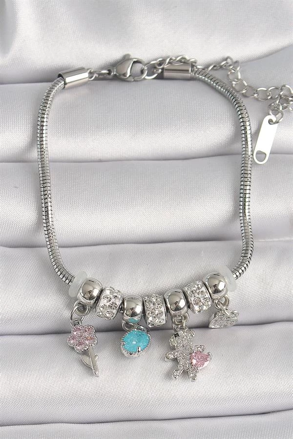 316l Çelik Gümüş Renk Zincir Sallantı Zirkon Taşlı Ayıcık Figür Çiçek Detay Kadın Bileklik