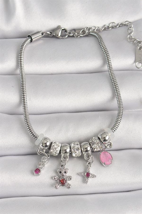 316l Çelik Gümüş Renk Zincir Sallantı Zirkon Taşlı Ayıcık Figür Yıldız Detay Kadın Bileklik