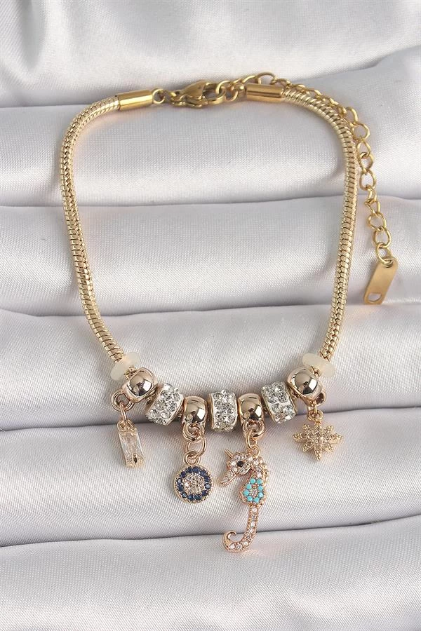 316l Çelik Gold Renk Zincir Sallantı Zirkon Taşlı Deniz Atı Figür Nazar Boncuk Detay Kadın Bileklik