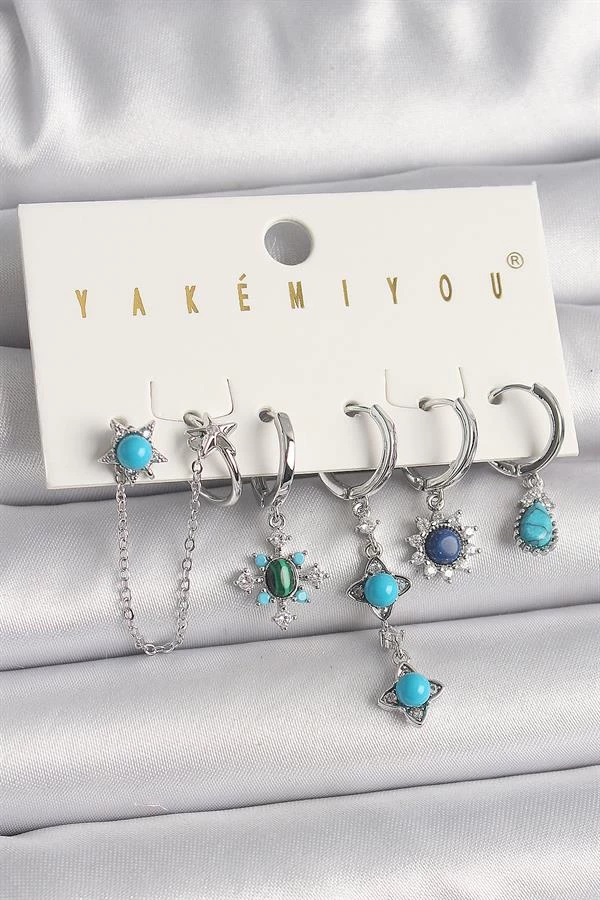 Pirinç Gümüş Renk Zirkon Taş Detaylı Mavi Boncuklu Çiçek Model Vip Seri Kadın Küpe Kombini