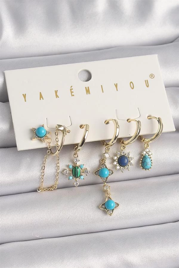 Pirinç Gold Renk Zirkon Taşlı Mavi Boncuklu Çiçek Model Vip Seri Kadın Küpe Kombini