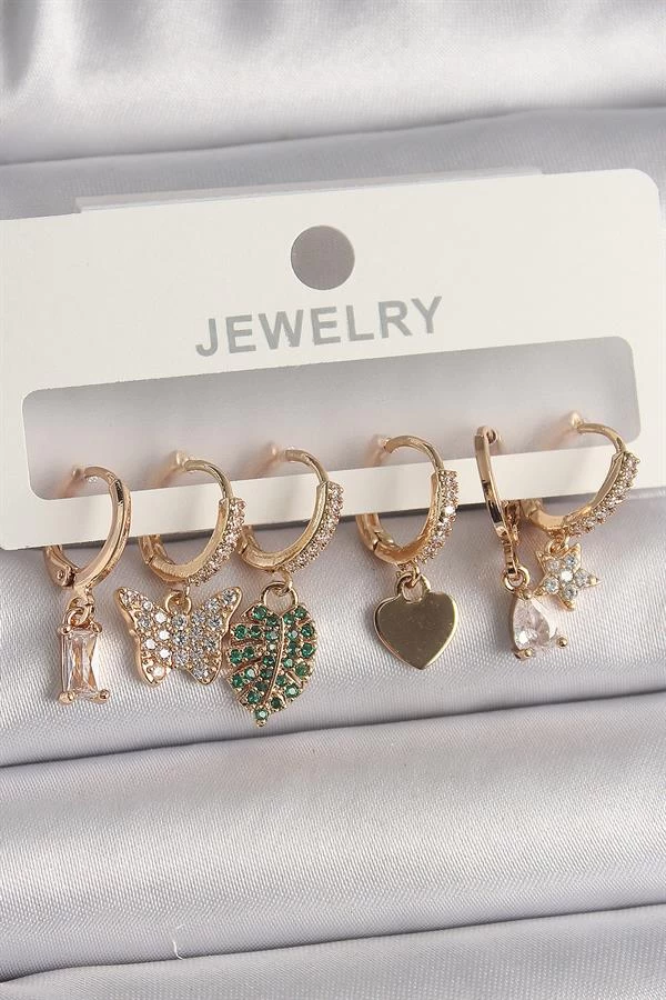 Pirinç Gold Renk Renkli Kelebek Figür Çoklu Figür Kadın Küpe Seti