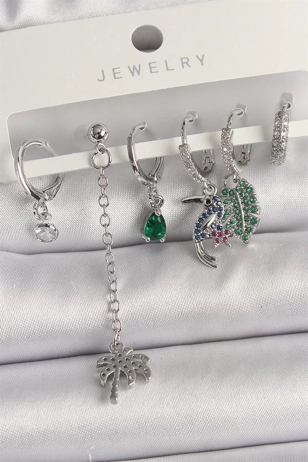 Pirinç Gümüş Renk Sallantı Zirkon Taşlı Ağaç Figür Çoklu Kadın Küpe Seti