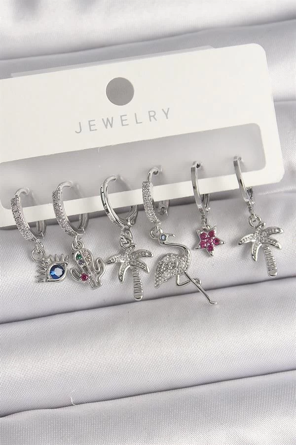 Pirinç Gümüş Renk Sallantı Zirkon Taşlı Deve Kuşu Figür Çoklu Kadın Küpe Seti