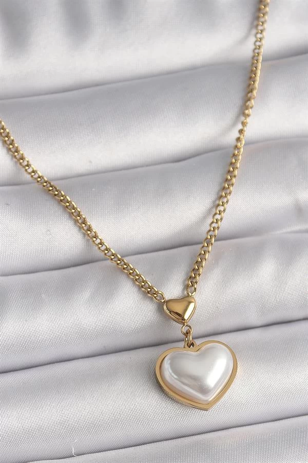 316l Çelik Gold Renk Zincir 3d İnci Kalp Model Kadın Kolye