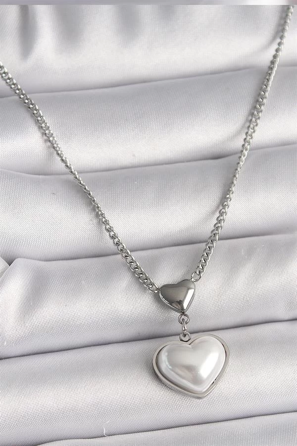316l Çelik Gümüş Renk Zincir 3d Kalp Model Kadın Kolye
