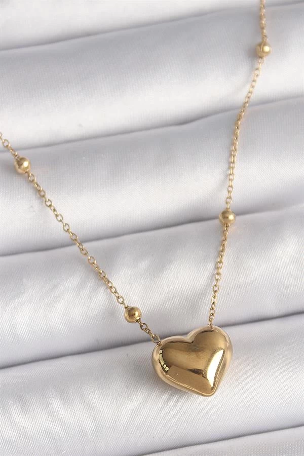 316l Çelik Gold Renk Topçuk Detaylı Zincir Kalp Model Kadın Kolye