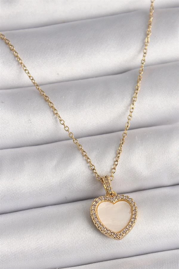 316l Çelik Gold Renk Zincir Zirkon Taşlı Beyaz Mineli Kalp Model Kadın Kolye