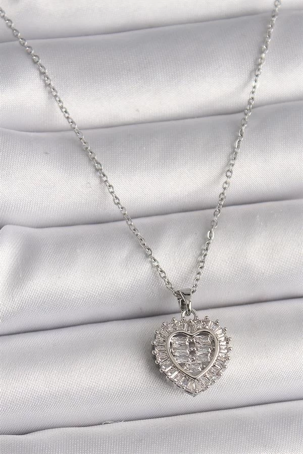 316l Çelik Gümüş Renk Zincir Zirkon Taşlı Kalp Model Kadın Kolye