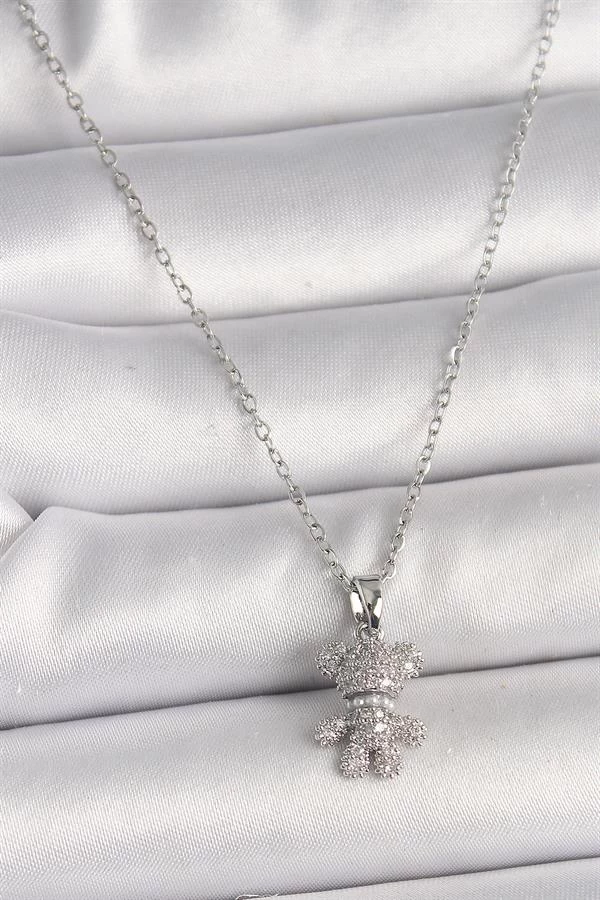 316l Çelik Gümüş Renk Zincir Zirkon Taşlı Ayıcık Figür Kadın Kolye