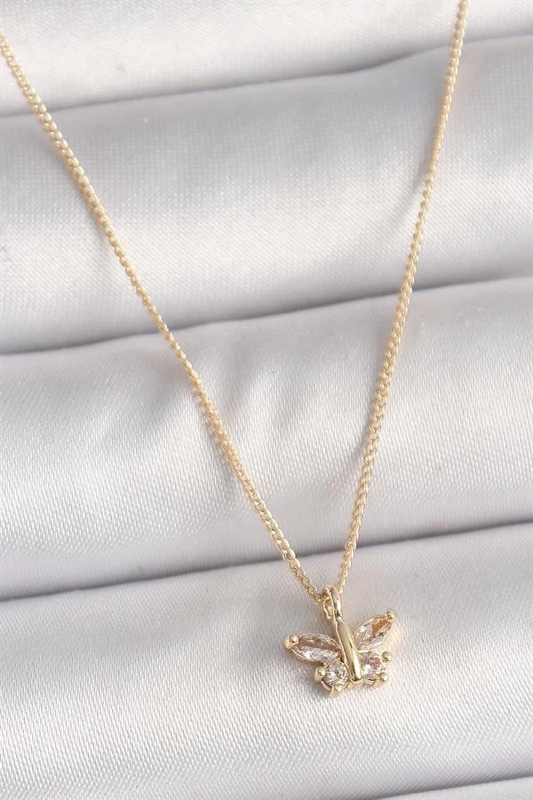 Pirinç Gold Renk Zirkon Taşlı Kelebek Model Kadın Kolye
