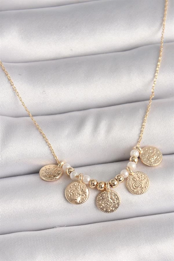 Pirinç Gold Renk 5'li Osmanlı Tuğra Figür İnci Detay Kadın Kolye