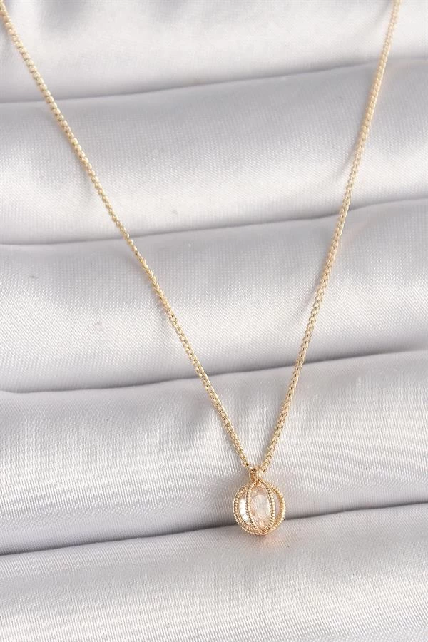 Pirinç Gold Renk Zirkon Taşlı Daire Kafes Model Kadın Kolye