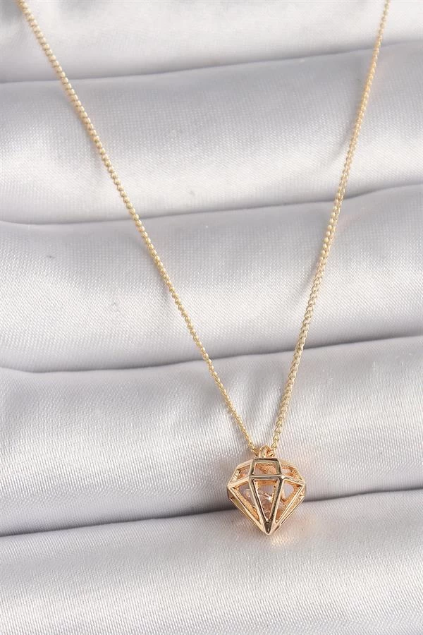 Pirinç Gold Renk 3d Zirkon Taşlı Elmas Model Kadın Kolye