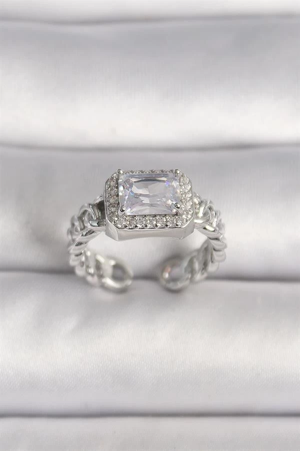 Pirinç Gümüş Renk Ayarlanabilir Zincir Kare Zirkon Taşlı Kadın Yüzük