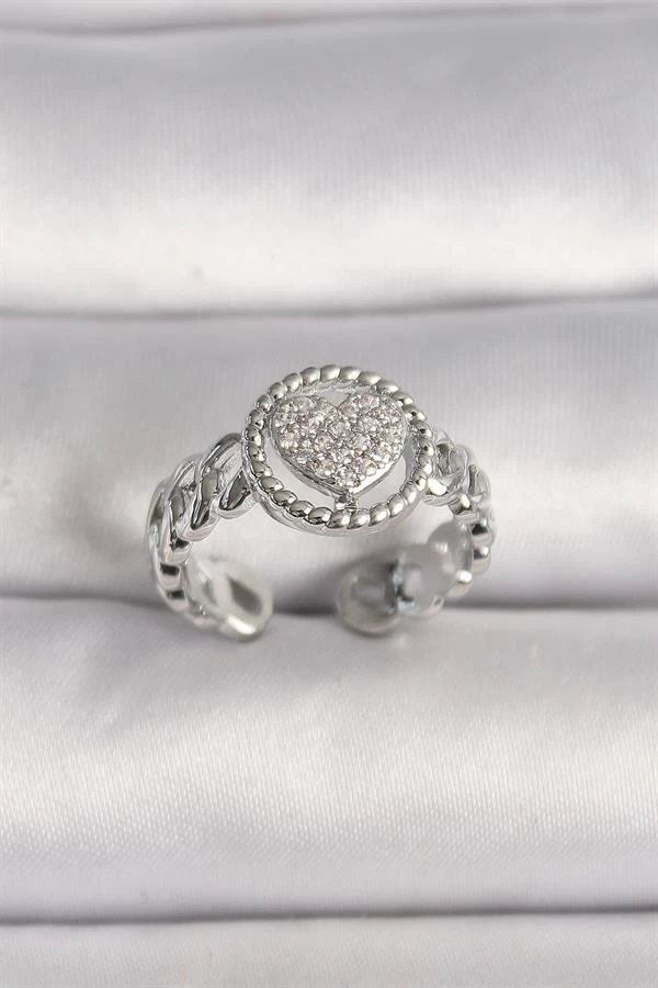 Pirinç Gümüş Renk Zincir Model Zirkon Taşlı Kalp Model Kadın Yüzük