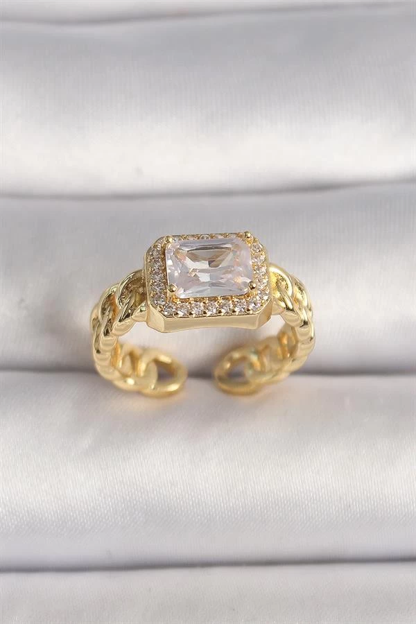 Pirinç Gold Renk Zincir Model Kare Zirkon Taşlı Kadın Yüzük