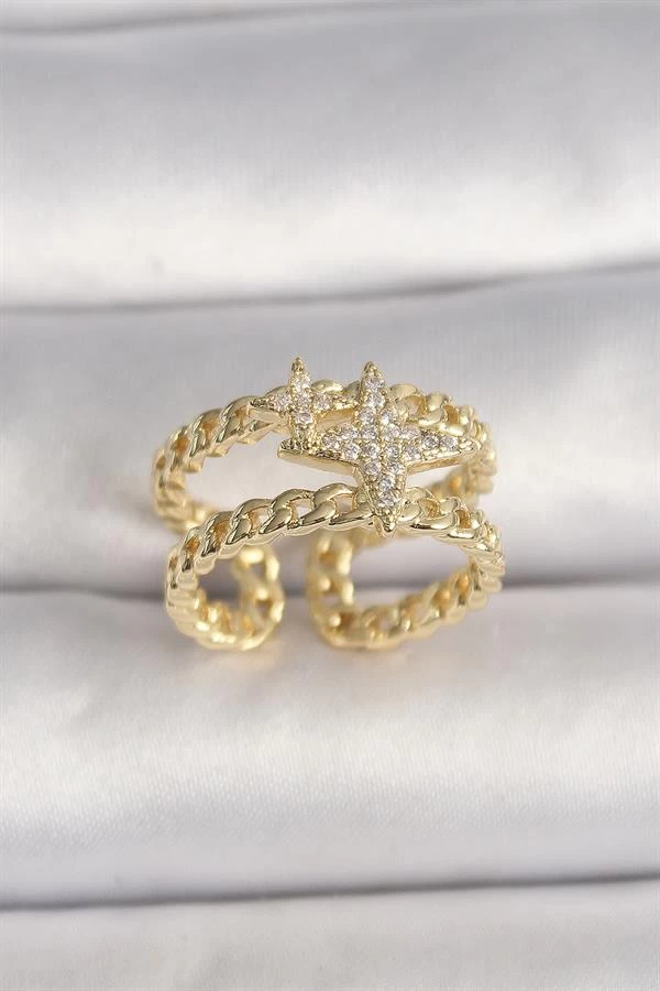 Pirinç Gold Renk 2'li Zincir Zirkon Taşlı Yıldız Figür Kadın Kolye