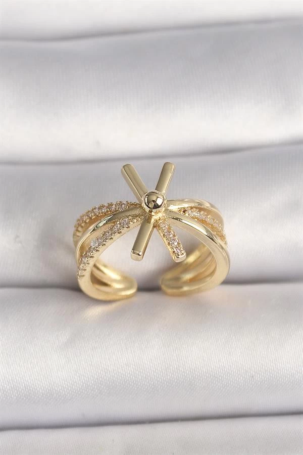 Pirinç Gold Renk Ayarlanabilir Ziron Taşlı Kadın Yüzük