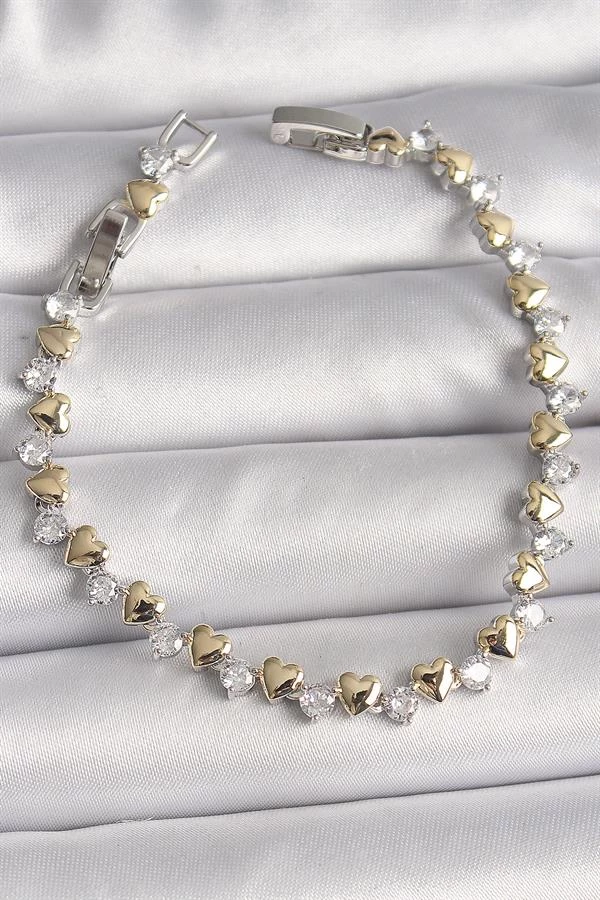 Pirinç Gümüş Renk Zirkon Taşlı Gold Kalpli Vip Seri Kadın Bileklik