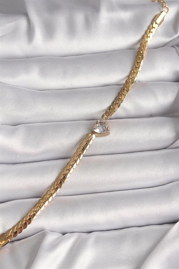 316l Çelik Gold Renk Yassı Zincir Model Zirkon Taşlı Kalp Figür Kadın Bileklik