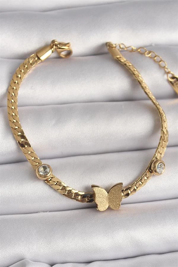 316l Çelik Gold Renk Yassı Zincir Zirkon Taşlı Simli Kelebek Figür Kadın Bileklik
