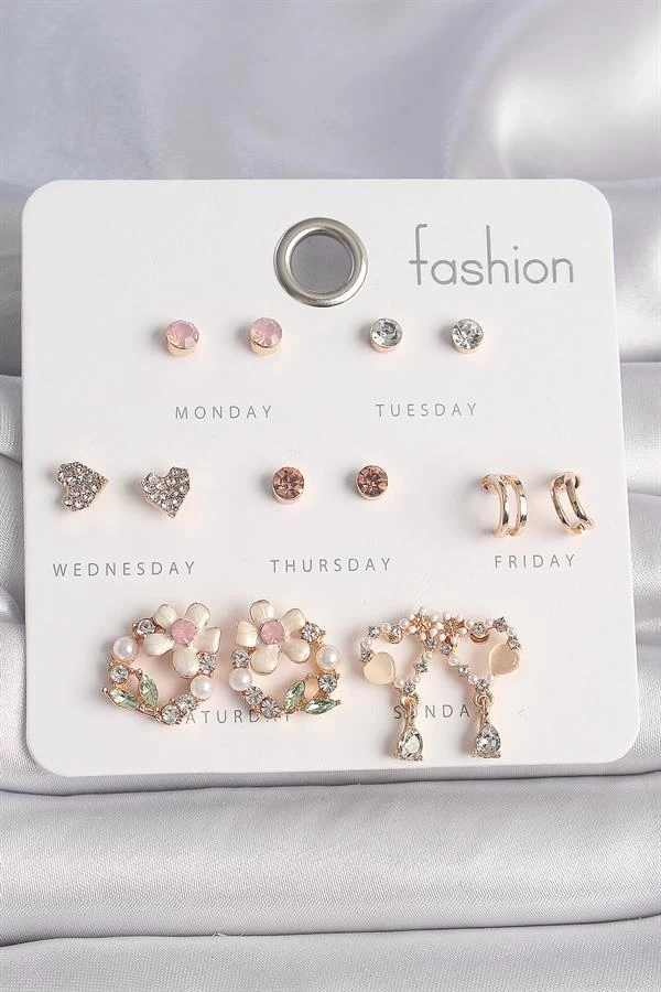 Pirinç Gold Renk Zirkon Taşlı Çiçek Kalp Figür 7 Çift Kadın Küpe Seti