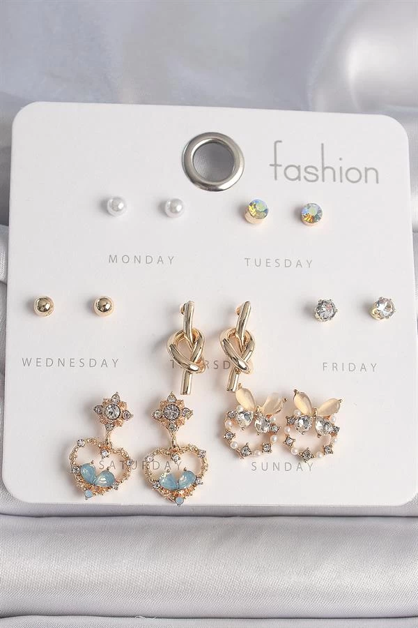 Pirinç Gold Renk Zirkon Taşlı Sallantı Kalp Düğüm Figür 7 Çift Kadın Küpe Seti