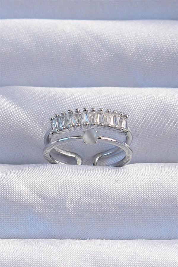 Pirinç Gümüş Renk Sedefli Zirkon Taşlı Su Yolu Model 2li Görünüm Ayarlanabilir Yüzük