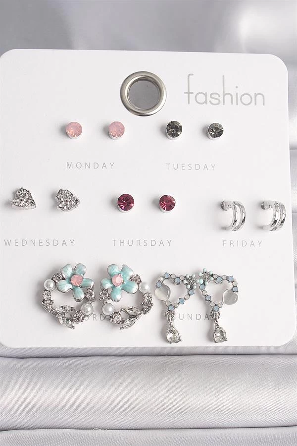 Pirinç Gümüş Renk Renkli Zirkon Taşlı Daire Çiçek Figür Sallantı Kalp Detay 7 Çift Kadın Küpe Seti